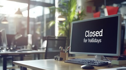 Office closed for holidays with a computer displaying a closed message on its screen