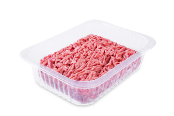 Ground meat in a white plastic box on a white isolated background