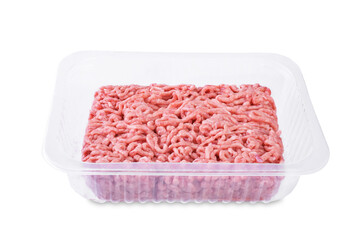 Ground meat in a white plastic box on a white isolated background