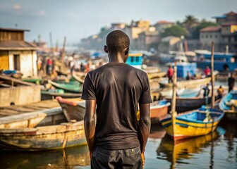 Silhouette of Ghanaian Man, Elmina Port, Poverty, Economy, Africa