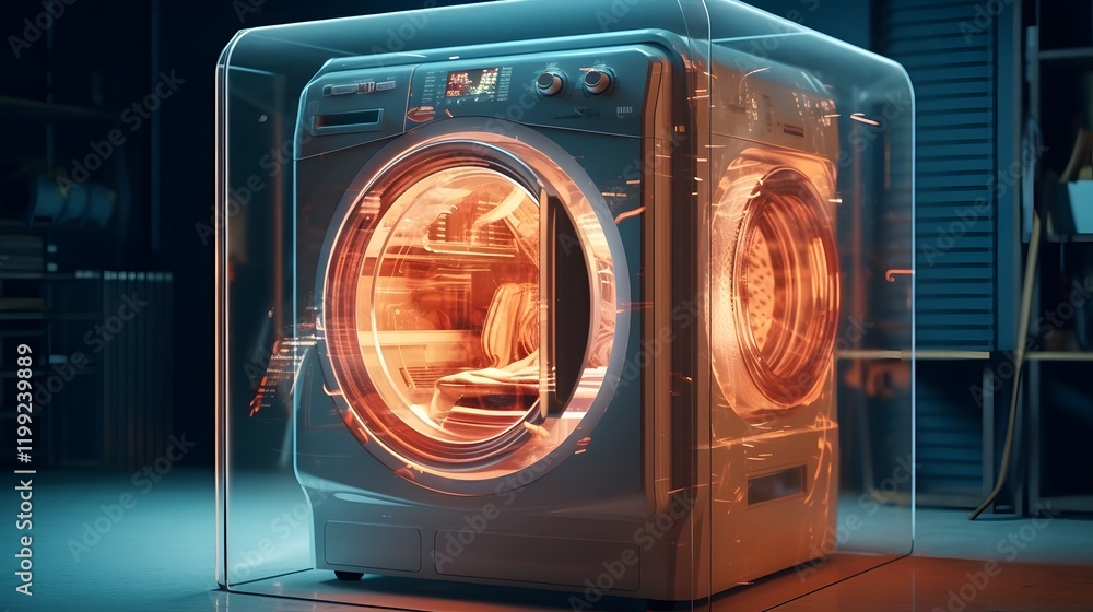 Poster transparent door washing machine with clothes spinning inside showing the modern efficient and autom