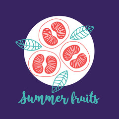 Appetizing fruit and berries collection. Decorative abstract horizontal banner with colorful doodles. Hand-drawn modern illustrations with fruit and berries, abstract elements. Abstract series