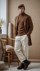 Elegant Man in Brown Sweater in a Warm Modern Interior