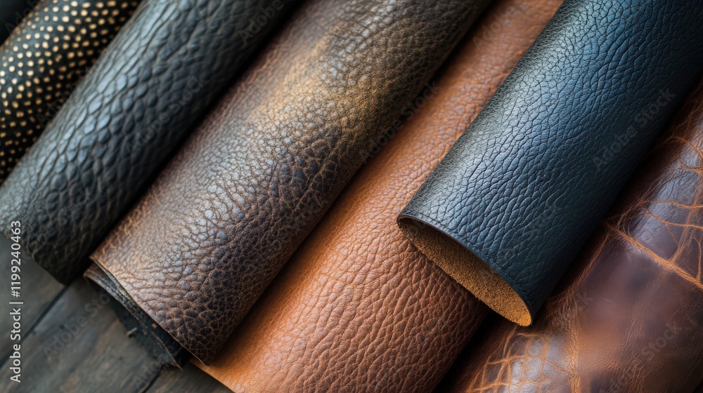 Poster a close-up view of a variety of textured leather hides in varying colors and patterns