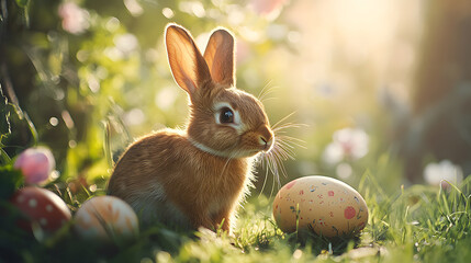 Cute bunny rabbit in a spring garden with colorful Easter eggs, surrounded by bright flowers. Perfect Easter scene, symbolizing rebirth and festive celebration