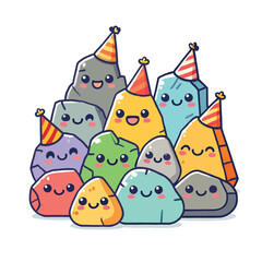 illustration of a bunch of cute rocks wearing party hats
