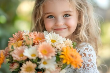 Fototapeta premium Smiling girl holding bouquet of orange and white flowers