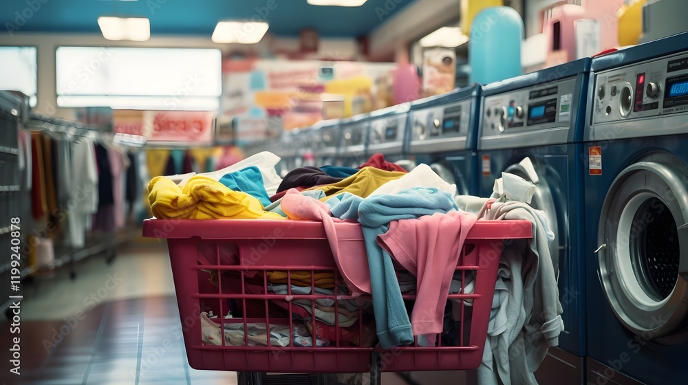 Poster a vibrant laundry cart overflowing with an array of colorful clothes stands in the aisle of a bustli
