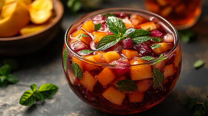 Refreshing fruit punch served in a glass bowl with mint leaves and vibrant colors on a rustic table. Generative AI