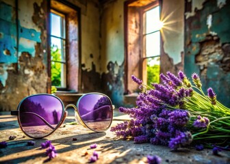 Grunge aesthetic: Lavender-tinted urban exploration reveals abandoned beauty, flowers blooming amidst decay.