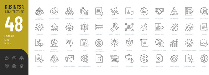Business Architecture Line Editable Icons set. Vector illustration in modern thin line style of business related icons: strategy, methodology, regulation, and more. Pictograms and infographics.