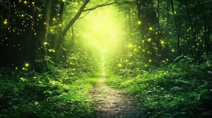 Obraz premium The forest is bathed in the warm glow of morning light as it filters through tall trees, illuminating the rich green foliage and creating a calm and inviting scene 