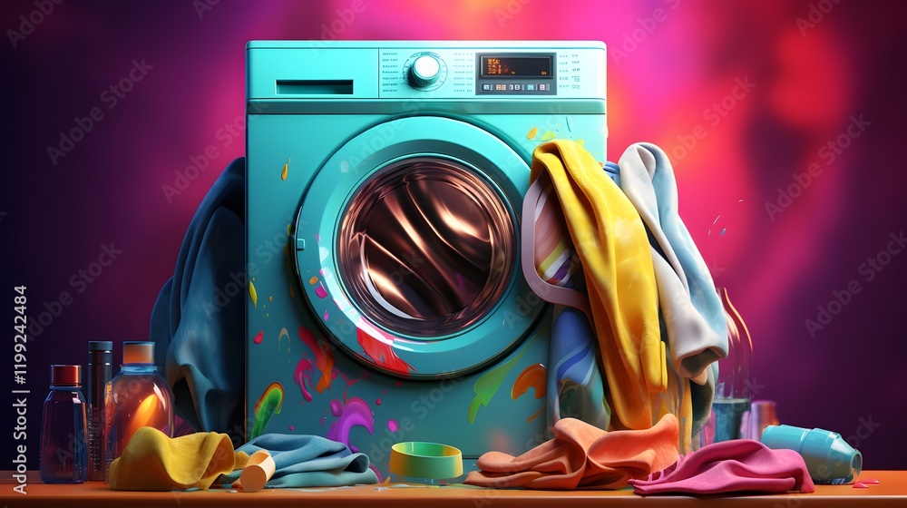 Poster colorful clothes filled in a front loading washing machine with controls ready to start a cleaning c