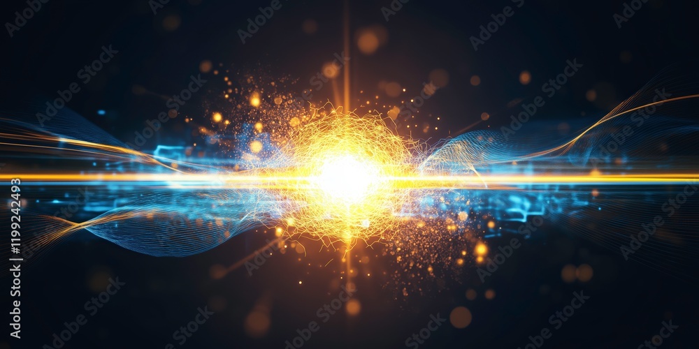 Poster cosmic convergence: a vibrant explosion of light and energy, swirling with cosmic particles and ethe