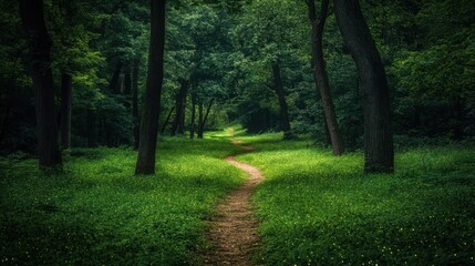 The forest is bathed in the warm glow of morning light as it filters through tall trees, illuminating the rich green foliage and creating a calm and inviting scene
