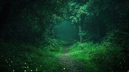 The forest is bathed in the warm glow of morning light as it filters through tall trees, illuminating the rich green foliage and creating a calm and inviting scene
