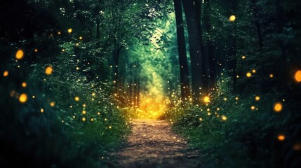 The forest is bathed in the warm glow of morning light as it filters through tall trees, illuminating the rich green foliage and creating a calm and inviting scene
