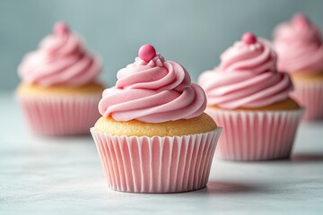 Set of pink cupcakes with frosting on a pastel background