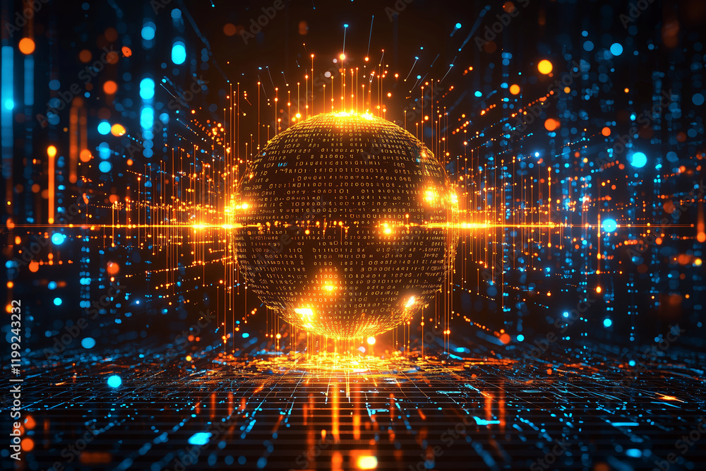 Poster glowing digital globe surrounded by swirling binary code and vibrant lights, representing technology