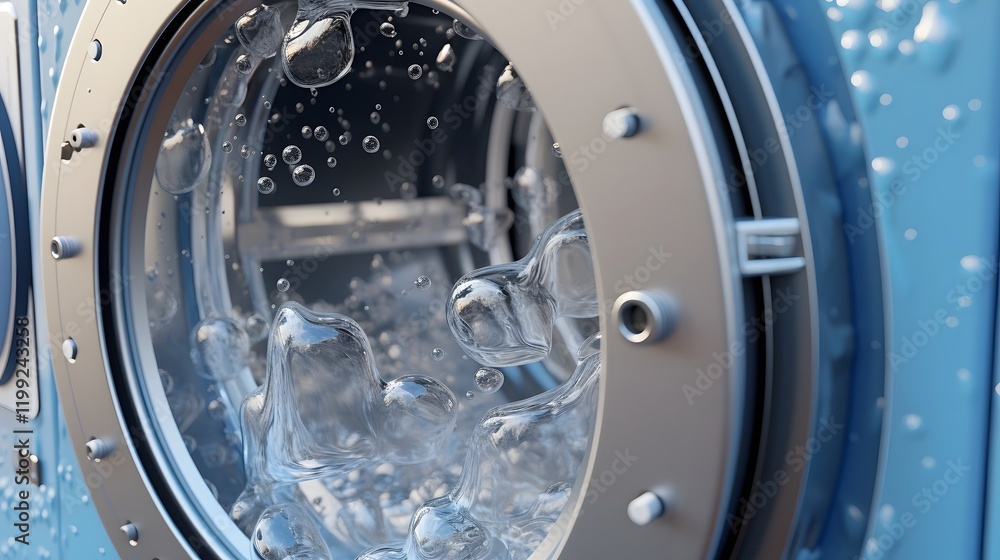 Poster a close up side view of a washing machine door with visible suds and foam inside the appliance showc