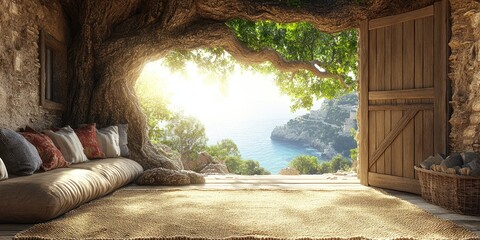 Serene Coastal Escape: A Tranquil Haven Under a Majestic Tree