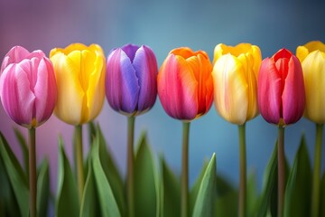 Colorful tulip field in full bloom during spring