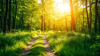 Fototapeta premium Lush Green Forest Path Summer Sunlight
