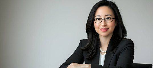 A female lawyer at a desk, light plain background, professional and focused