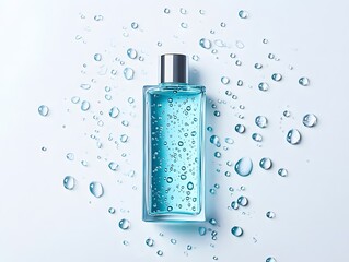 A cosmetic bottle photographed with water droplets ,generation AI