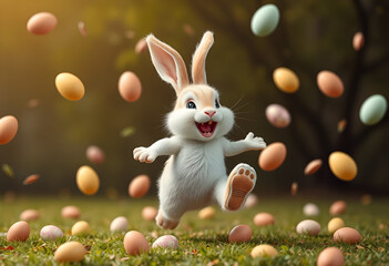 Rabbit is jumping in the air over field of eggs .
