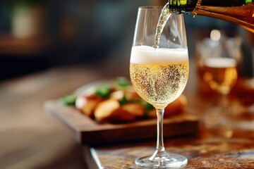 Fototapeta premium Pouring a frothy beer into a clear glass against a rustic bar setting with warm lighting