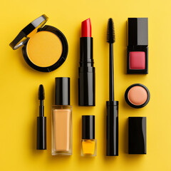 Bold flat lay of vibrant cosmetics on golden yellow background, featuring lipsticks, mascara, and blush. Perfect for beauty enthusiasts and makeup lovers