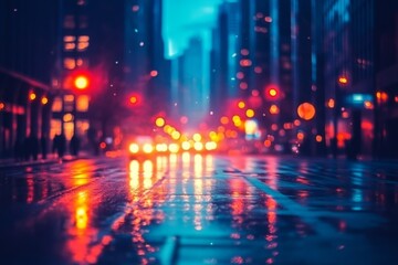 Night city street with neon lights and rain reflections