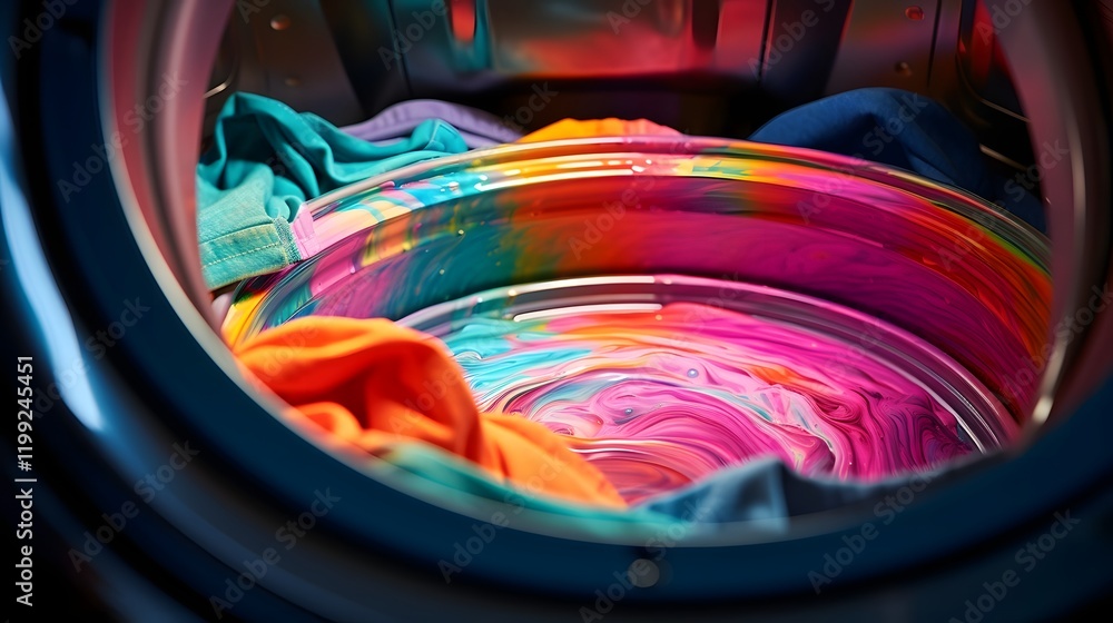 Poster vibrant and dynamic close up view of a spinning washing machine drum filled with a load of colorful 