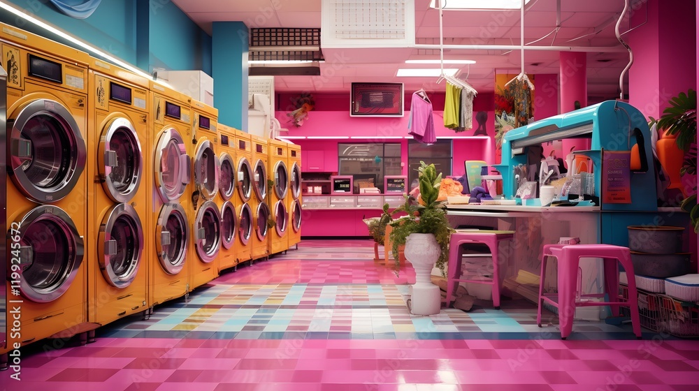 Aufkleber cheerful and inviting laundromat setting with brightly colored washing machines dryers and whimsical