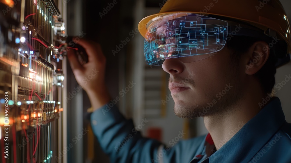 Poster a maintenance professional examines an electrical panel while wearing ar glasses that superimpose sc