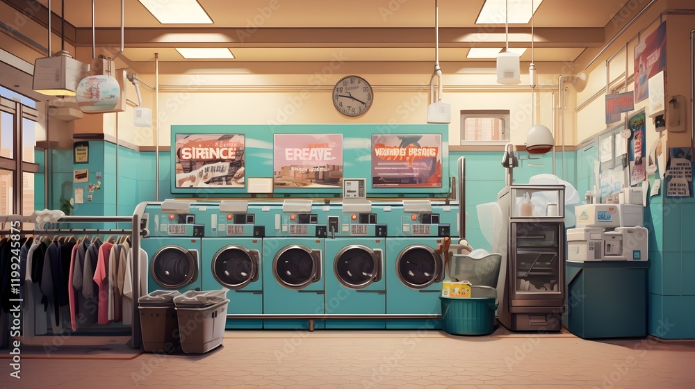 Aufkleber fully equipped self service laundry shop with detailed signage and instructions on the walls for cus