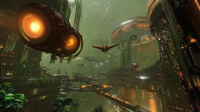 Futuristic cityscape with flying vehicles, lush vegetation, and towering structures.  A vibrant, otherworldly metropolis in a sci-fi setting.