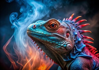 Fototapeta premium Smoking Blue Iguana, Red Accents, Food Photography, Fantasy Reptile, Artistic