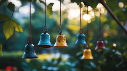 Obraz premium Colorful decorative bells hang from a tree branch, creating a peaceful ambiance in the garden