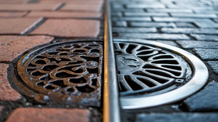 Ornate manhole covers on brick street split by metal rail