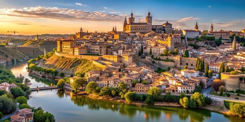 Vertical panoramic view of Toledo's old town with cathedral and river
