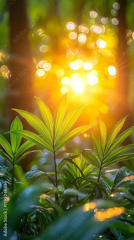 Poster sunlight filters through lush greenery in a tranquil forest at sunset. generative ai
