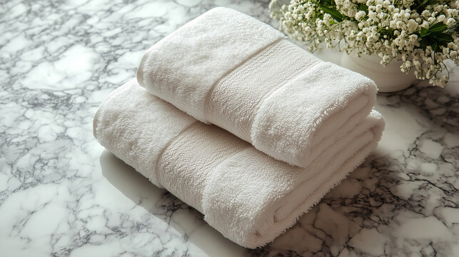 Soft white towels neatly arranged on a marble surface with a floral arrangement in the background. Generative AI