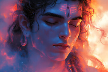 Abstract portrait of Shiva infused with cosmic elements and flowing energy, blending traditional and modern artistic styles to symbolize divine nature and universal connection.