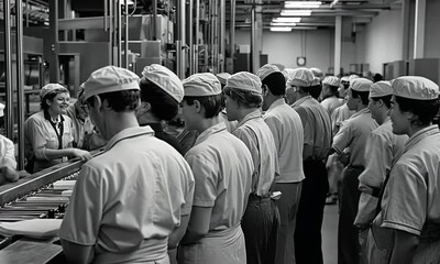 A black-and-white photo of workers in a factory setting, engaged in production tasks.