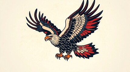 A striking eagle tattoo design in American traditional style, showcasing the eagle soaring through stylized clouds. Features bold colors and classic shading techniques to embody strength and freedom.
