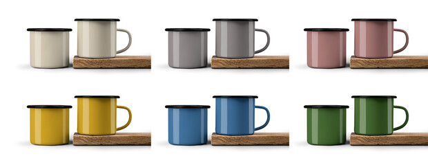 Mockup of bright enamel mugs with black rim, handle, presentation on the edge of an old wooden...