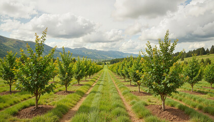 Naklejka premium Orchard landscape with rows of trees under cloudy sky