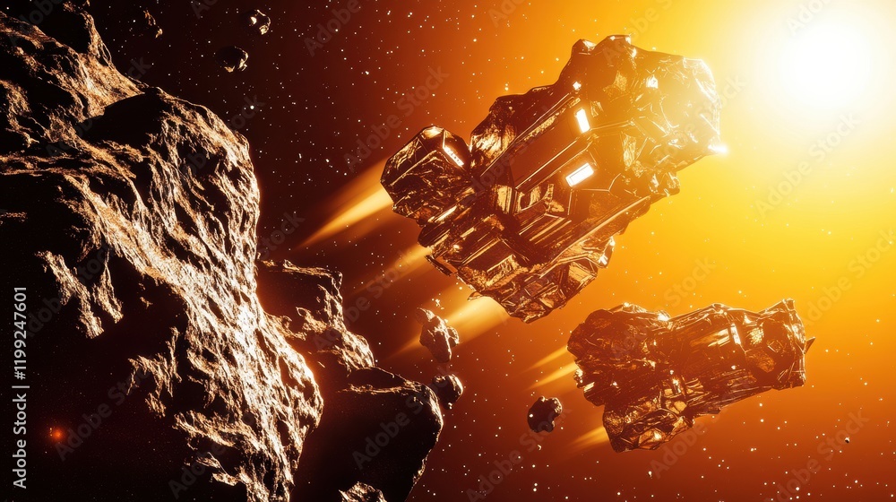 Poster futuristic spacecraft navigating through an asteroid field under a glowing sun in space